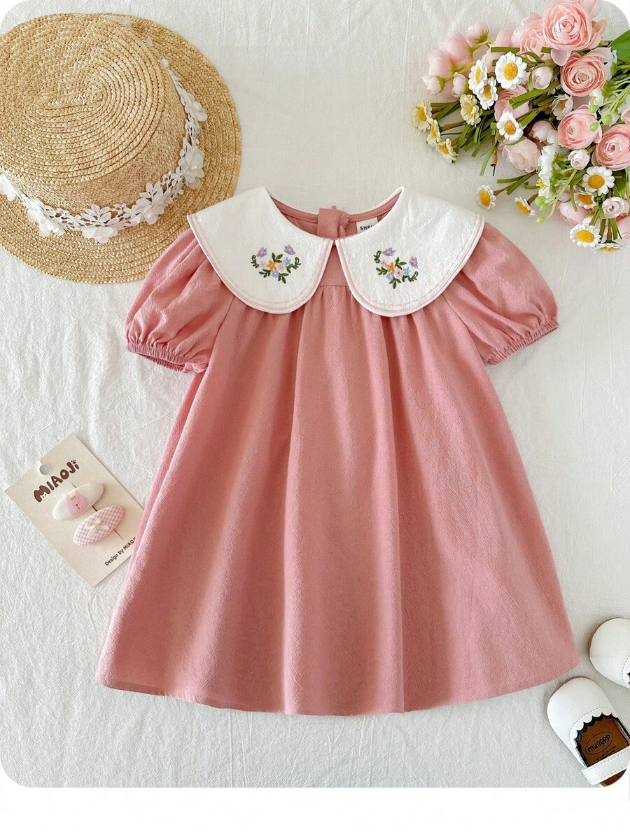 Babygirl Elegant & Cute Pink Floral Embroidery Collared Dress - Pink - View 1