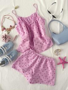 Soleia 两件套女士心形条纹系带吊带背心和短裤套装 - 彩色 - 查看 4