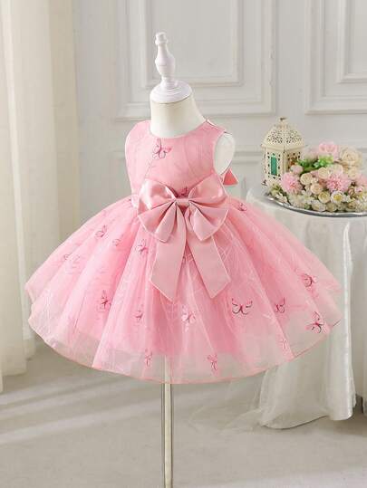 SHEIN Glamorique Kids Baby Girl Bowknot Embroidered Mesh Dress, Pink, Suitable For Birthday Party, Wedding, Holiday, Prom