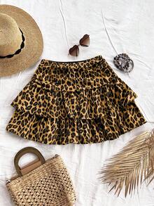 SHEIN Tall CURVE Plus Size Women Vintage Leopard Print Ruched Double-Layer Ruffle Hem Mini Cute Lunch Casual Skirt - Multicolor - View 8