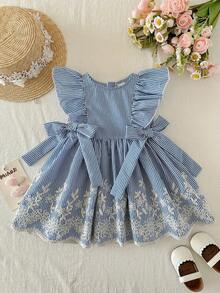 SHEIN LMoss Kids Babygirl Cute Casual Summer Striped Embroidered Peter Pan Collar Dress - Blue - View 5