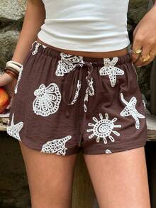 Aloruh Women's Casual Beach Vacation Embroidered Brown Wide Leg Shorts - Brown - View 5