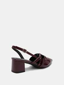 女士酒红色漆皮尖头绑带粗跟高跟鞋，优雅尖头正式高跟鞋，时尚露跟高跟鞋 - 酒紅色 - 查看 11