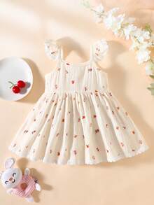 Newborn Baby Girl Cute Printed Strap Dress - White - View 2