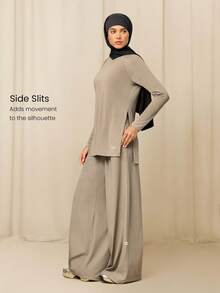 GLOWMODE X Reem Modest Tencel™ Modal All-Day Ease Silky-Soft Smooth Stretchy Lightweight Side-Split Hem Mid-Length T-Shirt Daily Casual Wear - Khaki - View 3