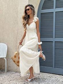 Serisse 女士纯色荷叶边露肩无袖连衣裙，时尚度假之选 - 杏色 - 查看 8