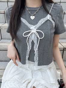 FRIFUL Women's Round Neck Fitted Lace Patchwork Bow Tie Decor Contrast Color Sweet T-Shirt - Grey - View 7