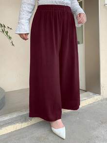 Dazy Plus Elastic Waist Solid Color Wide Leg Pants/Culottes, Burgundy, All Season, Plus Size Women - Burgundy - View 6