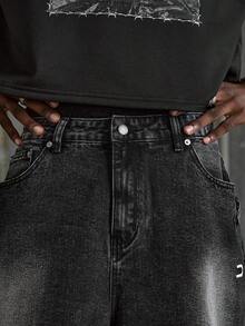 NEON BLANC 男士休闲宽松黑色阔腿牛仔短裤，带斜插口袋 - 黑色 - 查看 6