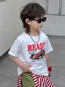 DAZY 男童休闲字母赛车印花圆领短袖T恤，夏季 - 白色 - 查看 3