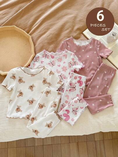 LMoss Kids 6件套女婴可爱卡通熊和花卉图案荷叶边圆领短袖长裤休闲舒适针织睡衣套装