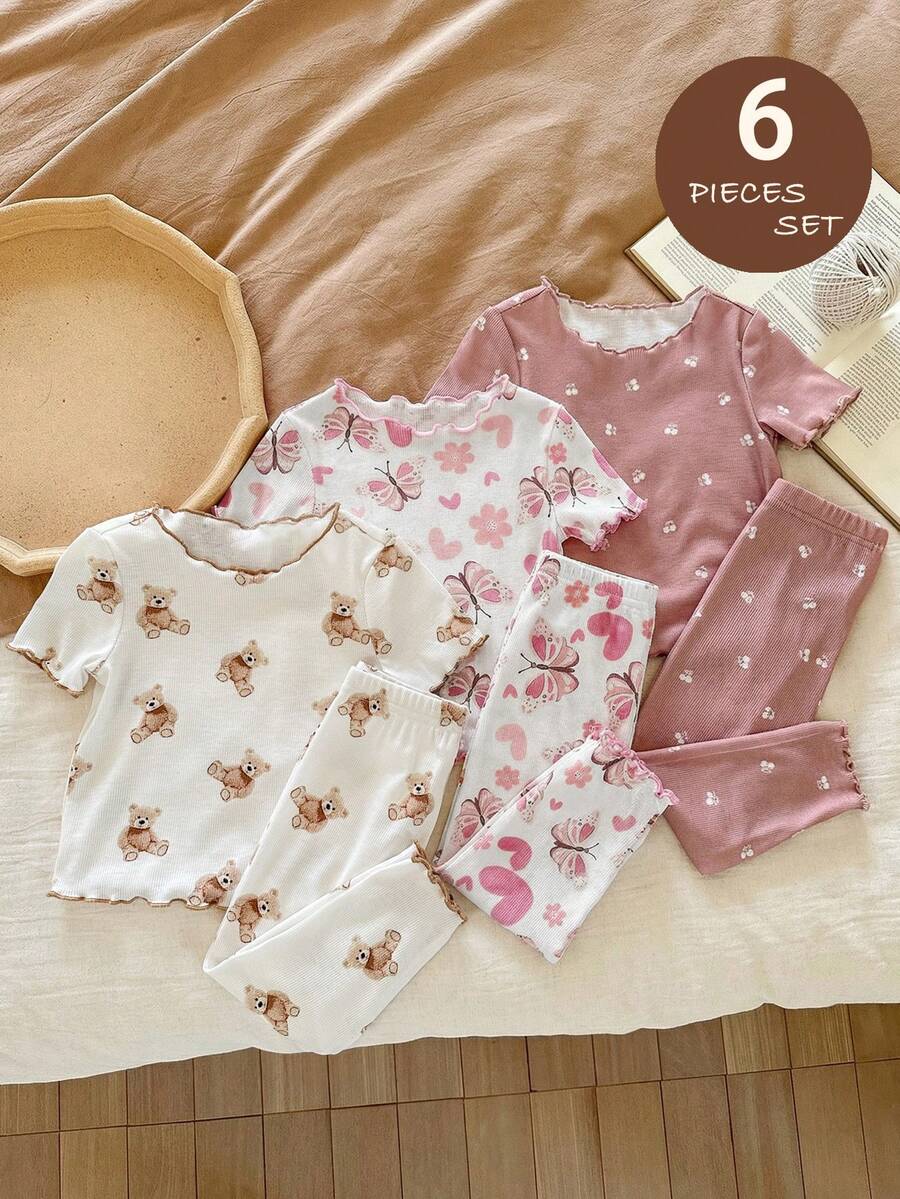 LMoss Kids 6件套女婴可爱卡通熊和花卉图案荷叶边圆领短袖长裤休闲舒适针织睡衣套装 - 彩色 - 查看 1