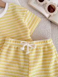 LMoss Kids 2件套女婴针织条纹圆领T恤和短裤套装 - 黃色 - 查看 4