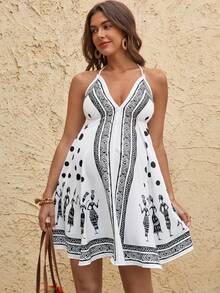 Boho Mama 孕妇夏季海滩度假风几何图案复古印花露背流苏系领连衣裙 - 白色 - 查看 3