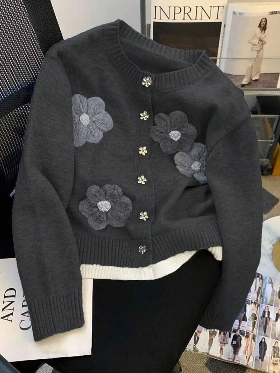 SHEIN Tall CURVE Eleganter Strickjacke in Kontrastfarbe mit Blumenmuster und langen Ärmeln, Große Größen - Dunkelgrau - Übersicht 1