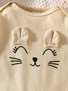 SHEIN Bộ 3 món cho bé sơ sinh in hình mặt mèo dễ thương, gồm áo liền quần dài tay, quần và mũ, phù hợp cho mọi dịp, mùa xuân/thu. - Màu be - Xem 8