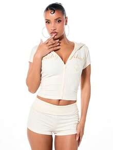 BABYPHAT Women's Hooded Zip Through Crop Top With Ribbed Texture Gold Script Lettering Short Sleeve Casual Comfort Loungewear Style - White - View 1