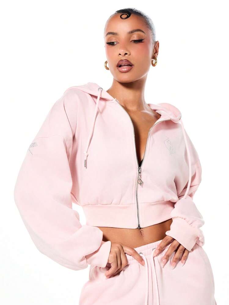 BABYPHAT Cropped Zip Through Sweatshirt With Rhinestone Text Details Hood Drawstring Pink Casual Winter