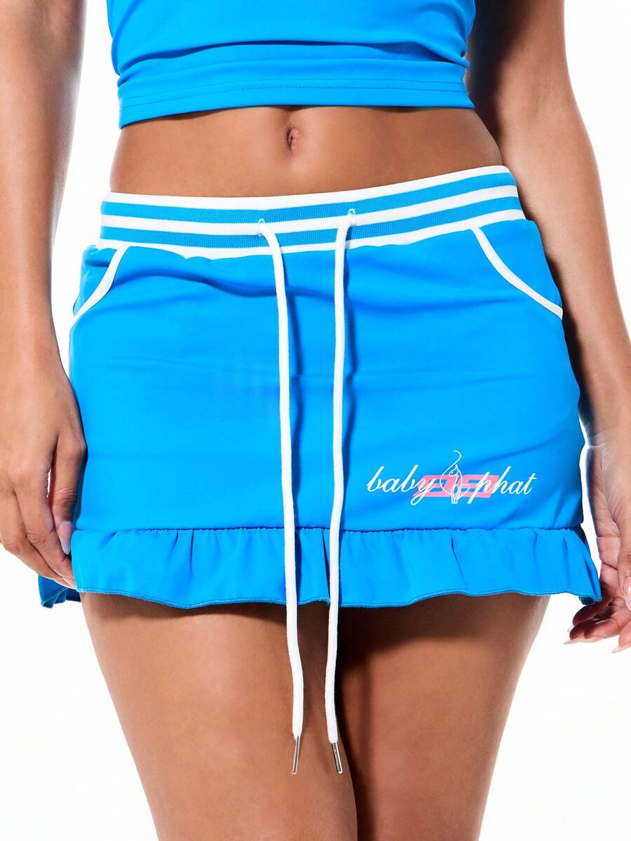 BABYPHAT 女士亮蓝色针织迷你裙，荷叶边下摆，白色撞色滚边，抽绳腰带，休闲夏季款 - 藍色 - 查看 1