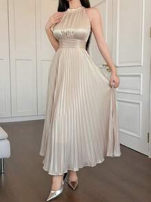 DAZY 女士无袖缎面连衣裙，腰部褶皱设计，优雅长款连衣裙 - 香檳色 - 查看 6