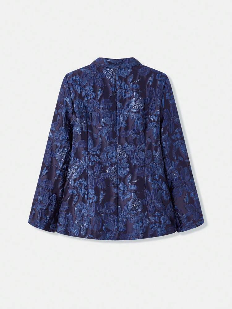 Navy Blue Floral Jacquard Fitted Blazer With Single Button Closure Chic Evening Style Autumn Winter