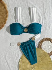 Swim Vcay Women's 2 Pieces Solid Color Patchwork Shell Decor High Waist Triangle Bikini Set, Minimalist Daily Swimwear - Multicolor - View 1