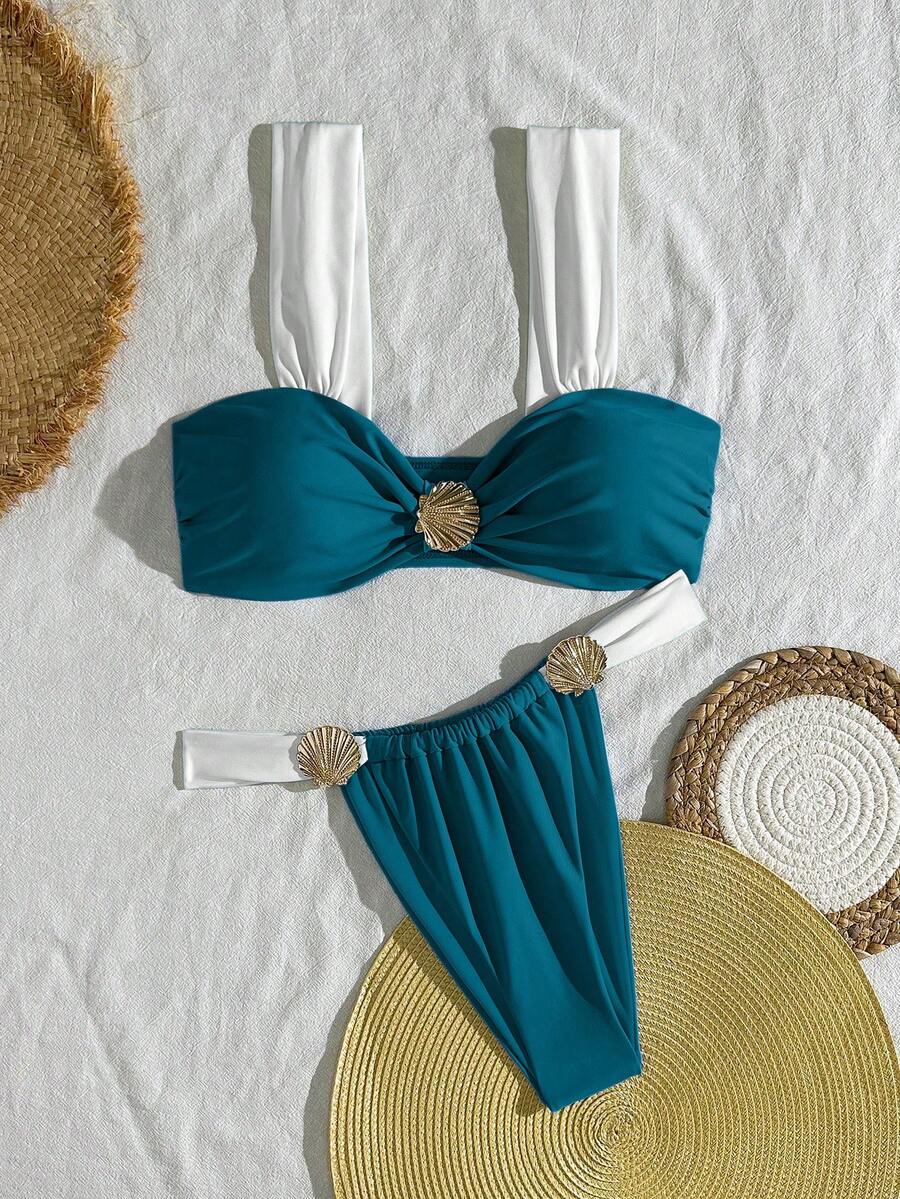 Swim Vcay Women's 2 Pieces Solid Color Patchwork Shell Decor High Waist Triangle Bikini Set, Minimalist Daily Swimwear - Multicolor - View 1