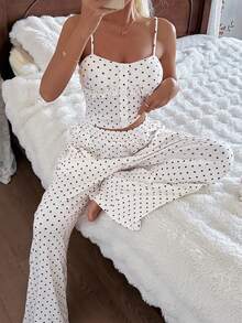 DAZY 女士夏季波点印花吊带背心和宽松睡裤睡衣套装 - 白色 - 查看 9