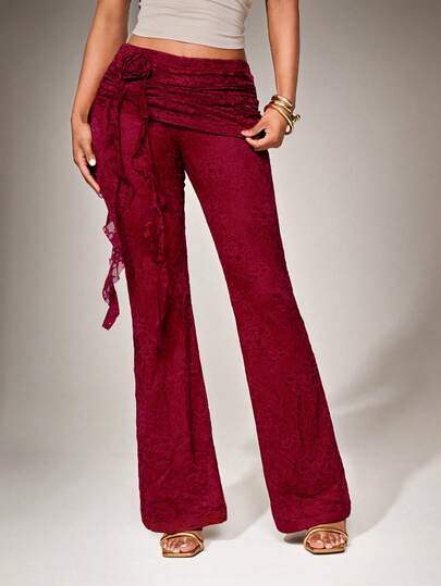 Radiana Women's Sexy & Elegant Burgundy Lace Decor Flare Pants, Low Waist Pants, Casual Trousers, Suitable For Daily Wear, Night Out, Date, Party, Cocktail, Club, Festival, Holiday