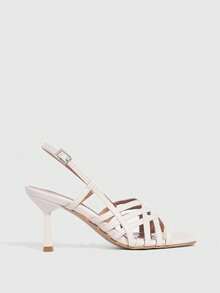 CUCCOO SZL Retro Square Toe Woven Hollow Roman Sandals For Women With French Style Dress Temperament, Minimalist Retro Style Square Toe Cross Thin Strap Versatile Commuting Slim Heel Open Toe Sandals, High Heels Prom Heels Summer Shoes - White - View 2