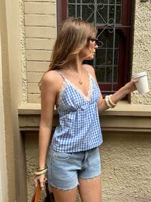 Serisse Women's Lace Patchwork Plaid Print Casual Camisole,Women's Gingham Lace Trim V Neck Cami Top – Summer Sleeveless Spaghetti Strap Tank,Summer,Spring,Festival,Party ,Beach,Wedding ,Graduation,Elegant ,Casual,Vacation,Formal,Business, - Multicolor - View 1