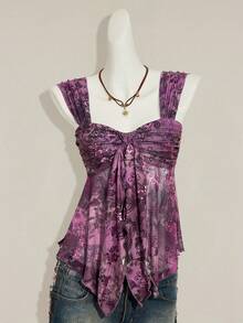 SHEIN ICON Vintage Print Asymmetrical Hem Mesh Trim Women Tank Top,Summer Top - Purple - View 4