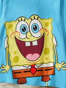 SpongeBob SquarePants | SHEIN Tween Boy Cartoon Multi-Expression Colorful Patchwork Plaid Knit Crew Neck Raglan Long Sleeve Top And Loose Pants Autumn/Winter Pajama Set - Blue - View 5