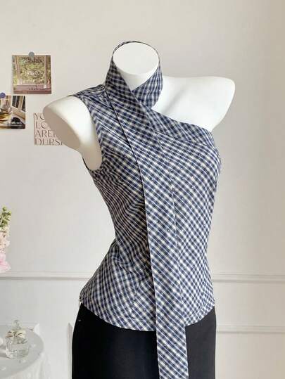 Comfortcana Women's Casual Fashionable Street Plaid Print Asymmetrical Halter Neck Slim Fit Blouse, Suitable For Daily Wear And Commuting