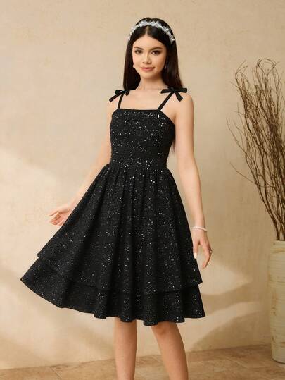 SHEIN Vestido elegante y lujoso sin mangas de cintura alta con doble capa para adolescentes, vestido camisero de tela de lentejuelas con lunares metálicos y diseño de lazo, ideal para fiesta de graduación de adolescentes, vestido negro pequeño