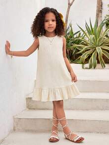 SHEIN Đầm dệt kim không tay màu trơn, phong cách thường ngày cho bé gái, thích hợp đi nghỉ mát. - Màu be - Xem 5