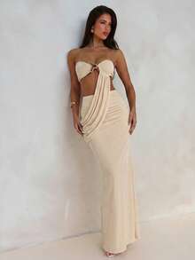 Aloruh Women's Solid Color Metal Decor Ruched Sexy Party Dress Summer Summer Outfits Summer Clothes Beach Outfits For Woman  Beach Vacation Vacation Outfits Woman Boho  Tropical Vacation Woman Clothe - Apricot - View 4