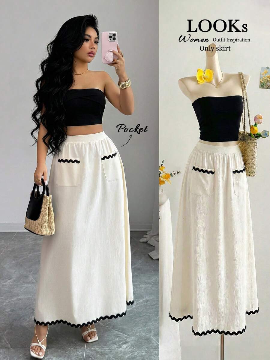 Selianne Chân váy xòe ôm dáng, thanh lịch, lãng mạn màu mơ, thiết kế túi, nơ lượn sóng, dành cho nữ, mùa xuân/hè. - Màu be - Xem 1