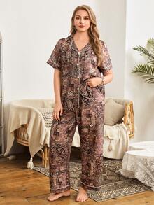 Serenescape 复古佩斯利印花加大码睡衣套装 - 棕色 - 查看 3