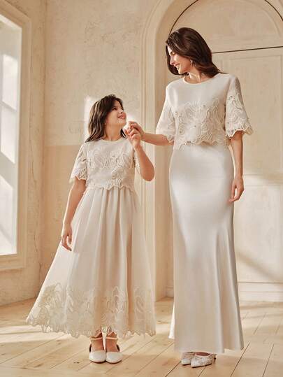 Anewsta 春夏新款优雅复古圆领短袖刺绣镂空腰部喇叭下摆长款女童连衣裙