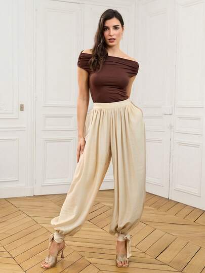 LOTSLUV Women's Cream Sheer Drape, Drawstring Ankle Pants, Casual Vacation Long Pants, Spring/Summer,Trousers For Women,Women's Pants,Flowy Pants,Linen Trousers, Harem Pants, Loose Pants, Boho Pants, Silk Pants