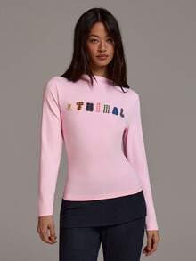 Athîral 女士长袖粉色刺绣T恤，休闲T恤，约会派对必备，通勤百搭，柔软舒适的弹力针织面料，粉色上衣，复古刺绣设计，适合健身和户外活动。 - 粉色 - 查看 2