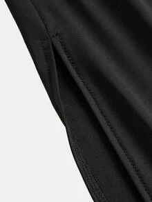 SHEIN 少女黑色针织不对称肩部褶皱腰部简约优雅休闲修身连衣裙，适合情人节穿着 - 黑色 - 查看 4