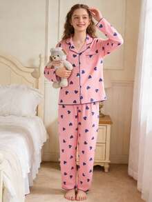 2件套少女杏色蝴蝶印花长袖开衫和裤子休闲舒适家居服 - 粉色 - 查看 4