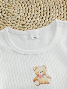 Bộ đồ ngủ cho bé gái, gồm áo in hình gấu dễ thương và quần in hình gấu kẻ sọc, thiết kế viền tương phản, tay ngắn và quần dài thanh lịch, bộ đồ ngủ 2 món. - trắng - Xem 3