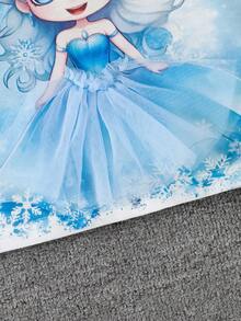 SHEIN 女婴夏季无袖卡通公主雪花印花圆领时尚公主连衣裙，适合日常外出穿着 - 藍色 - 查看 7