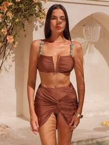 Swim Oasis-D Women Solid Color Spaghetti Strap Chain Decor V-Neck Top & Triangle Bottoms & Skirt 3 Pieces Swimwear - Coffee Brown - View 6
