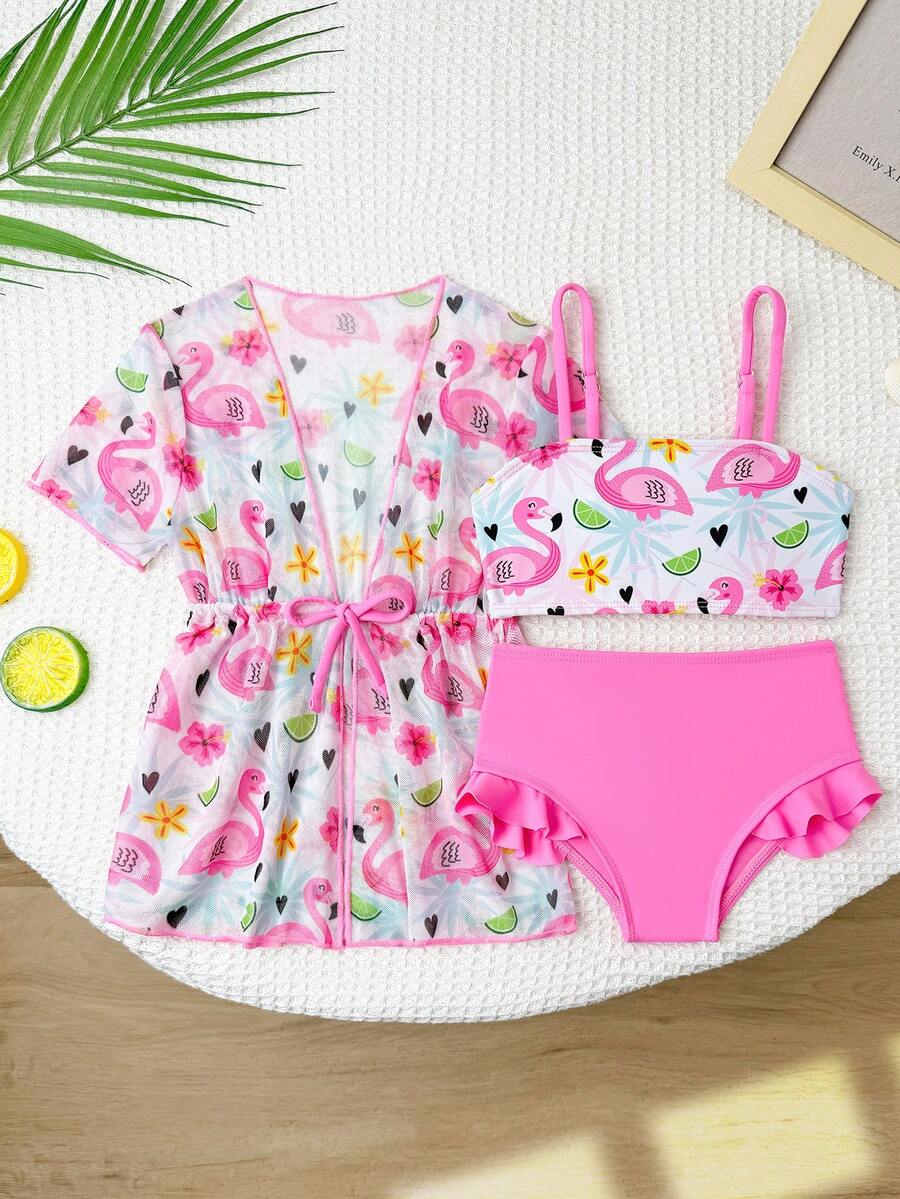 Baby Girls' Swimwear Set: Cute Pink Flamingo Lemon Flower Pattern, Knitted Fabric, Tank Top, Pants, And Jacket. Three-Piece Set, Stylish And Chic, Perfect For Swimming, Summer Vacations, Beach Outings, Pool Parties, And Leisure Trips Baby Swimsuit Girl 3 Piece Set Baby Girl Two Piece Swimming Clothes Toddler 2 Pc Swimsuit Swimwear For 2 Years Old Girl Flamingo Print Swimwear - Pink - View 1
