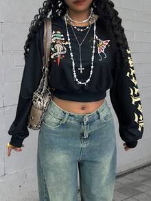 Rovax 短款修身圆领落肩长袖卫衣 - 黑色 - 查看 3