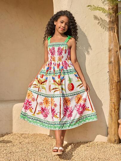 Tween Girls Casual Ditsy Floral Bowknot Dress, Spring/Summer Tops, Suitable For Vacation, Holiday, Fashion Design For Outing, Travel And Multiple Occasions